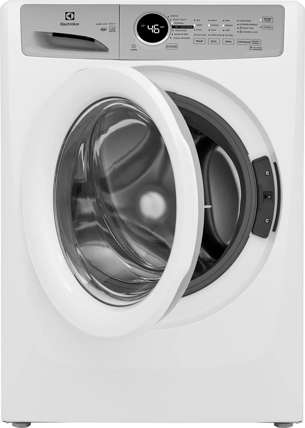 White front load washer from washers and appliances collection with open door and digital cycle display panel