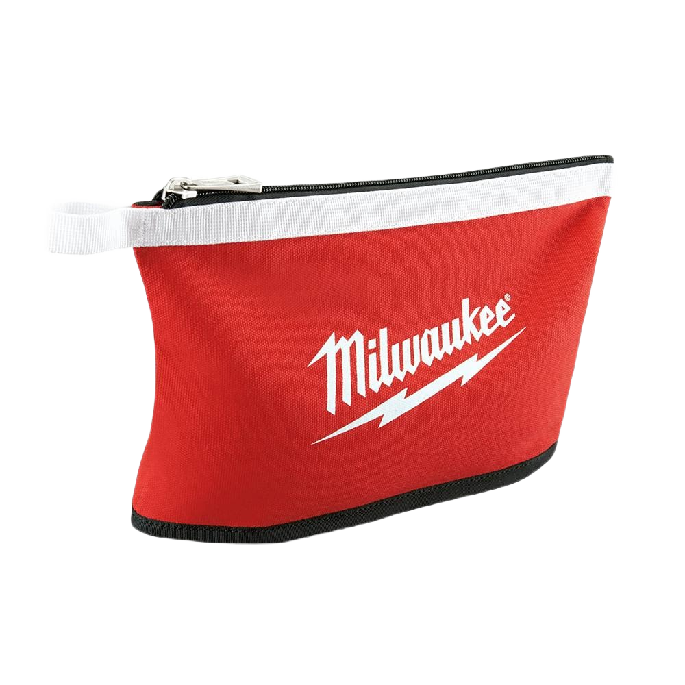 Red heavy-duty canvas pouch with white zipper and hang loop for workshop tool storage and small parts organization