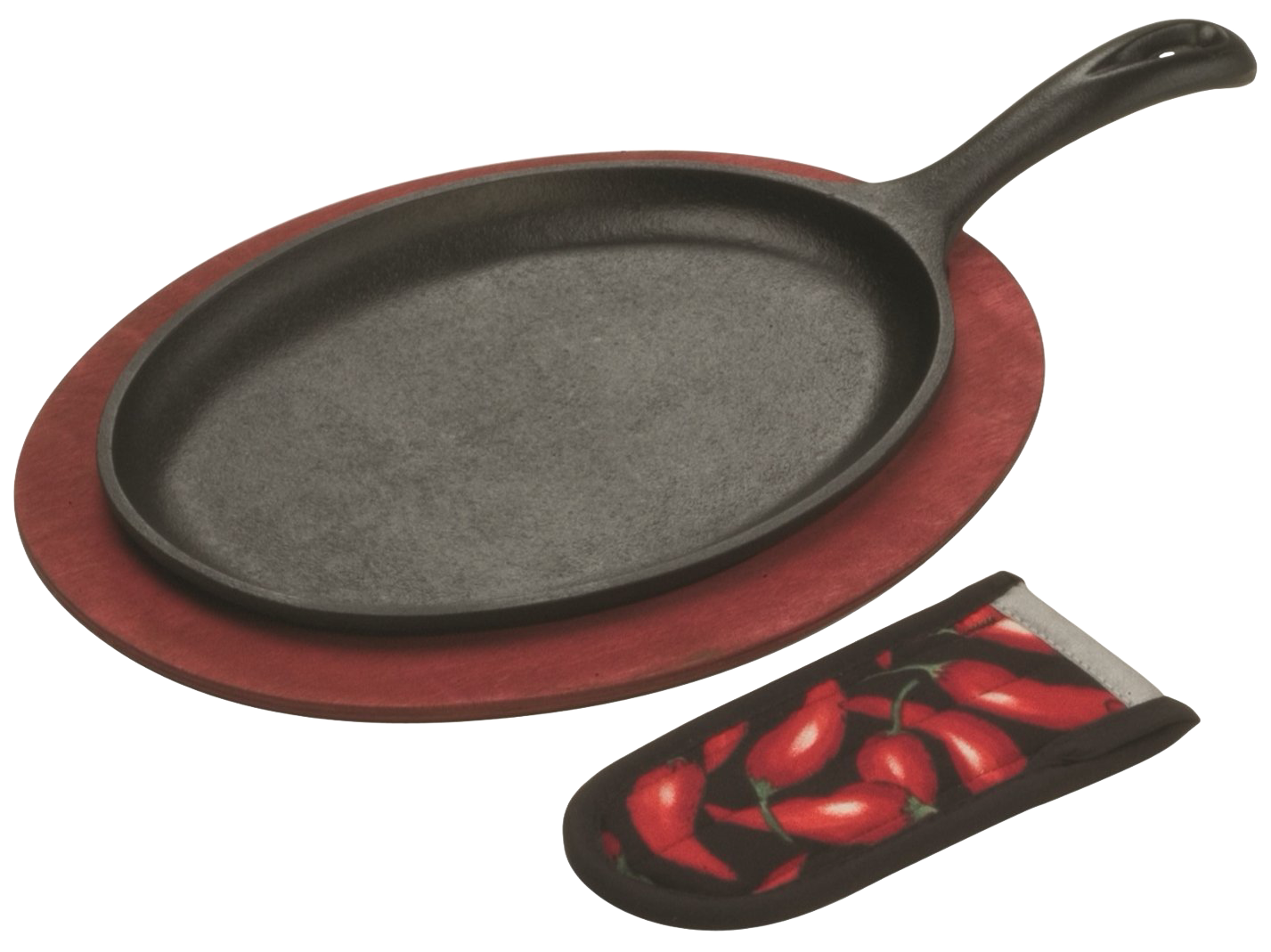 Oval cast iron skillet with chili pepper-patterned handle holder and wooden serving platter in kitchenware collection