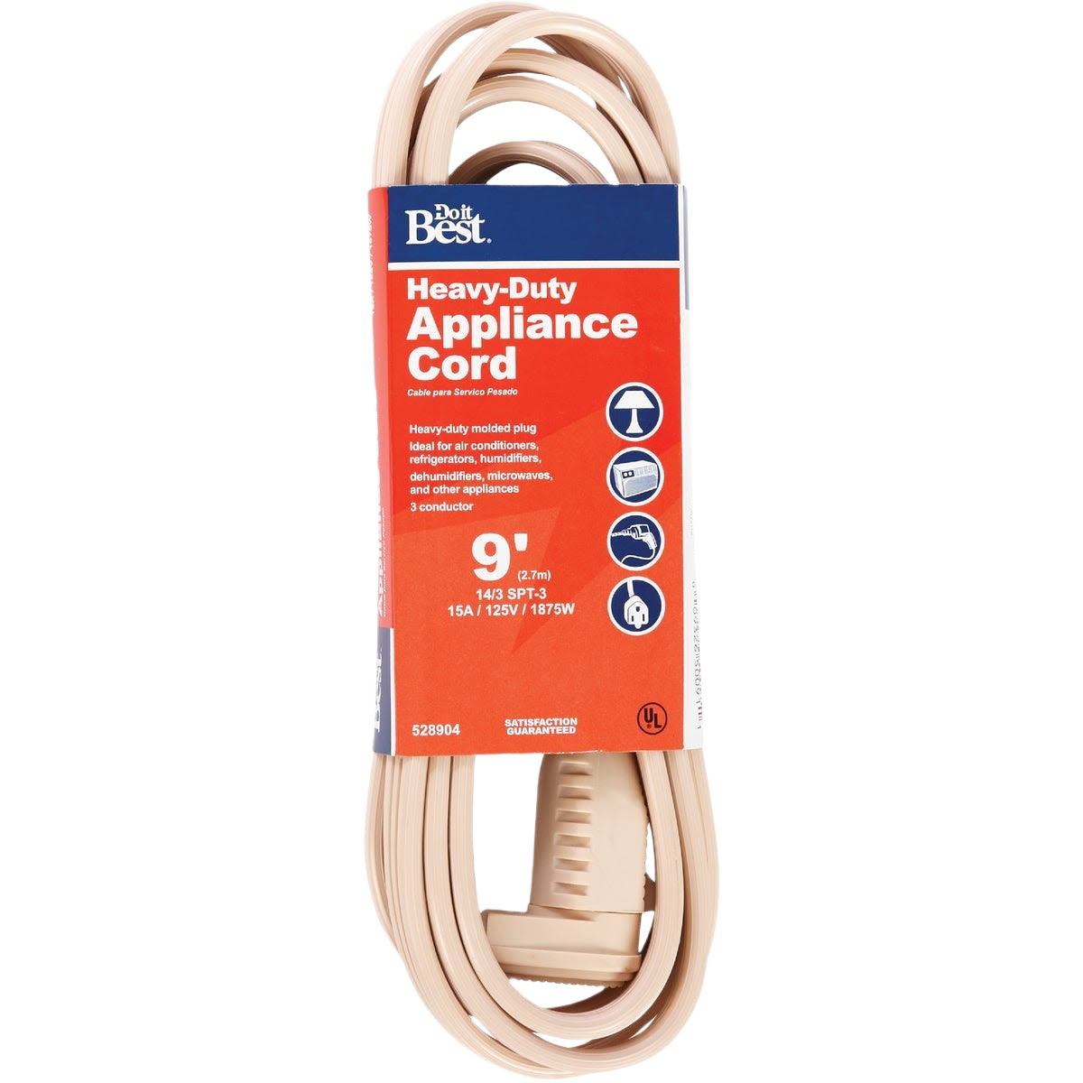 Beige heavy-duty 9 ft appliance cord with molded plug for tools and home improvement projects