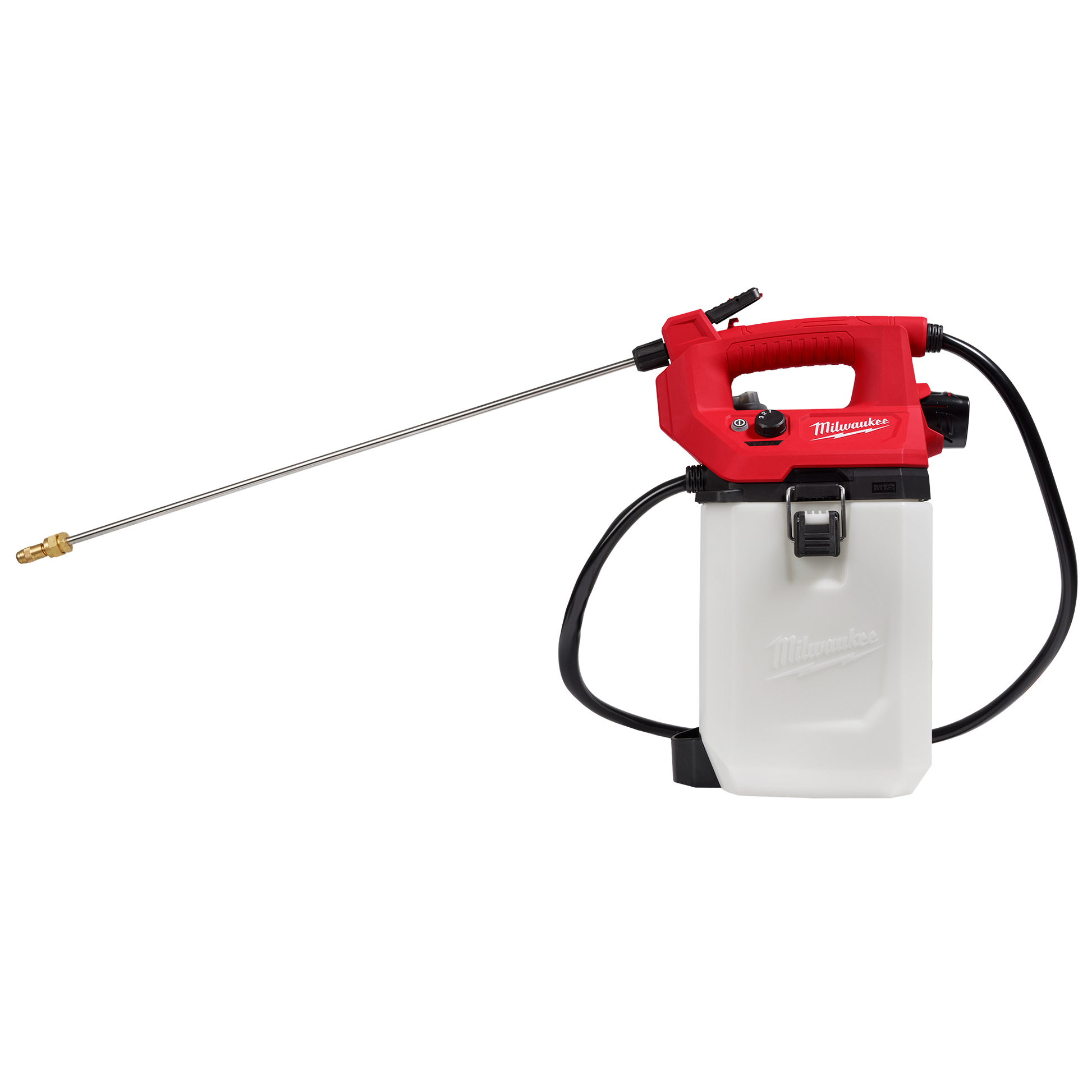 Red cordless handheld sprayer with white tank, black hose, and brass nozzle for home improvement tools and spraying tasks