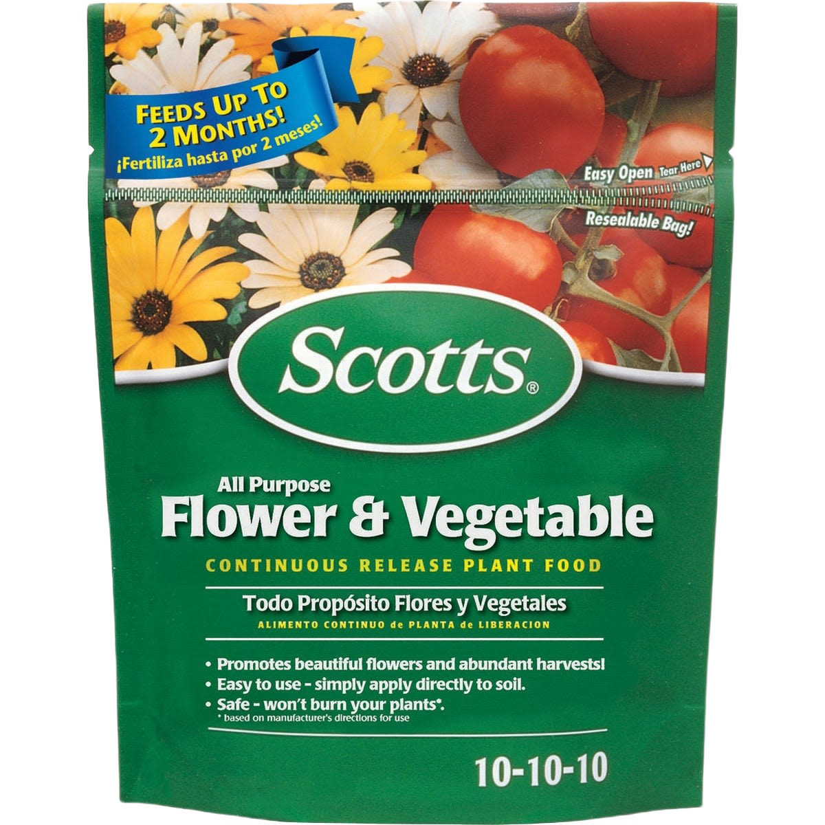 Green and yellow Scotts all purpose flower and vegetable plant food bag with tomatoes and flowers for gardening care
