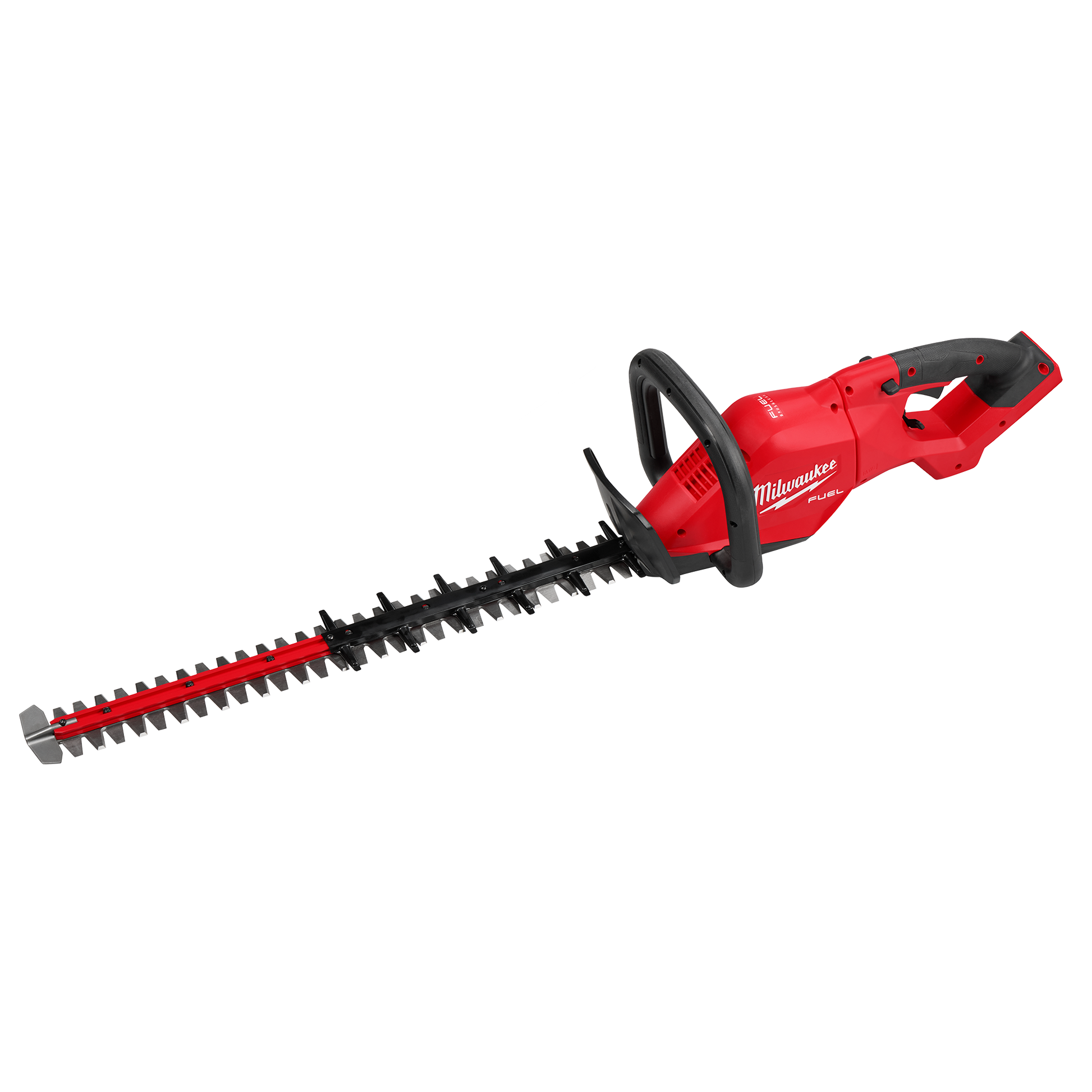 Red and black cordless hedge trimmer with ergonomic handle for tools and home improvement tasks