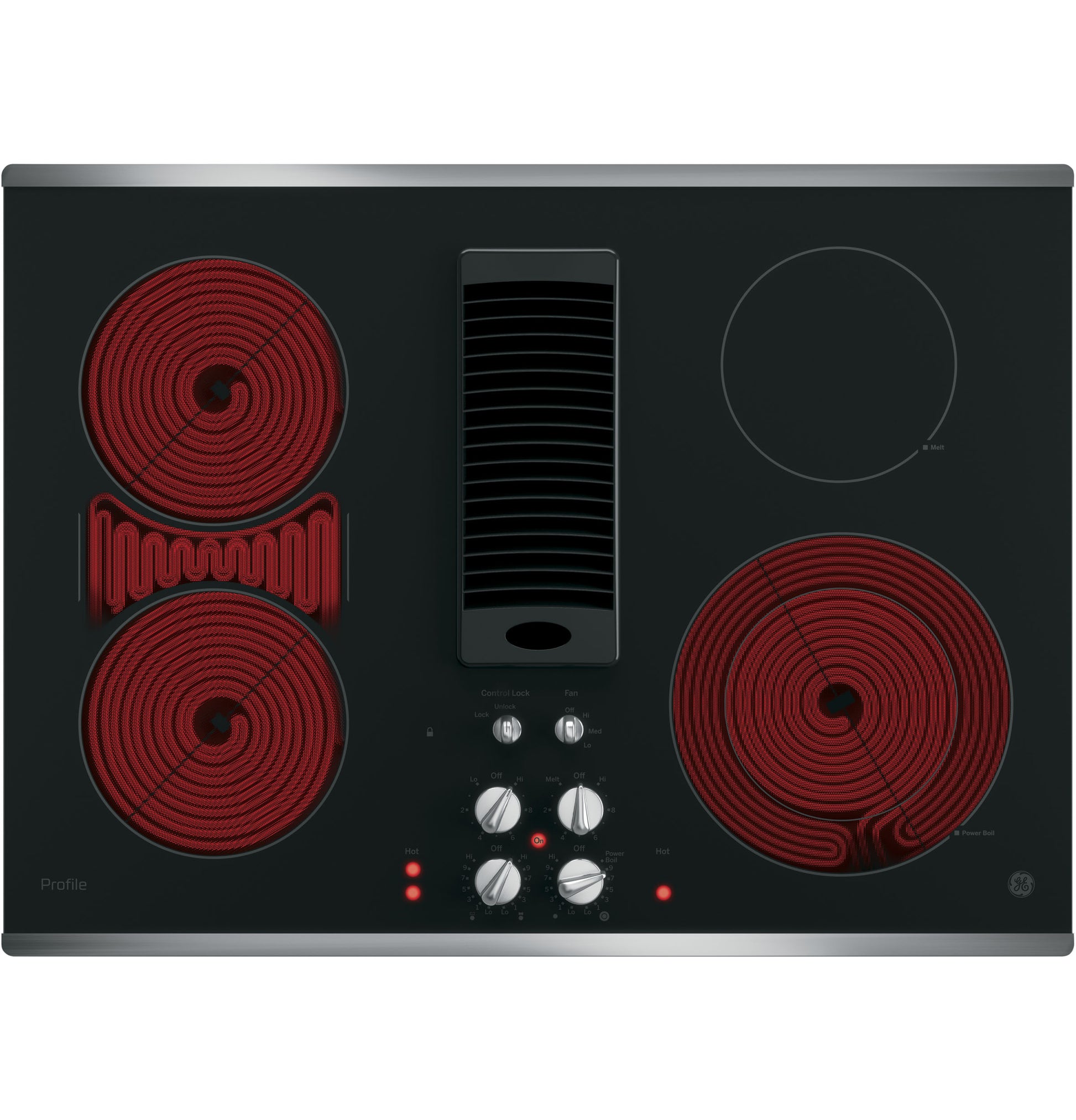 Black glass electric cooktop with red heating elements and stainless steel controls in kitchen and induction cooktops collection