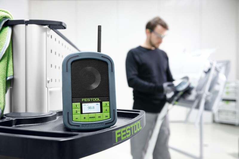 Compact Festool jobsite radio with digital display and green control panel for tools and home improvement use
