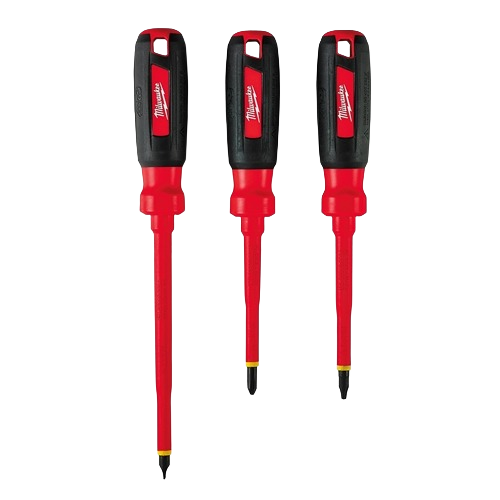 Set of three insulated red and black screwdrivers designed for electrical and home improvement tasks with 1000V protection