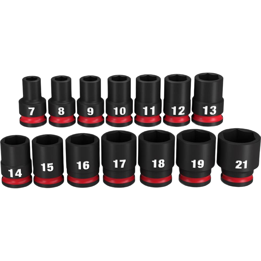 Set of 14 black impact sockets with red accents in metric sizes for hand tools and woodworking tool collections under $100