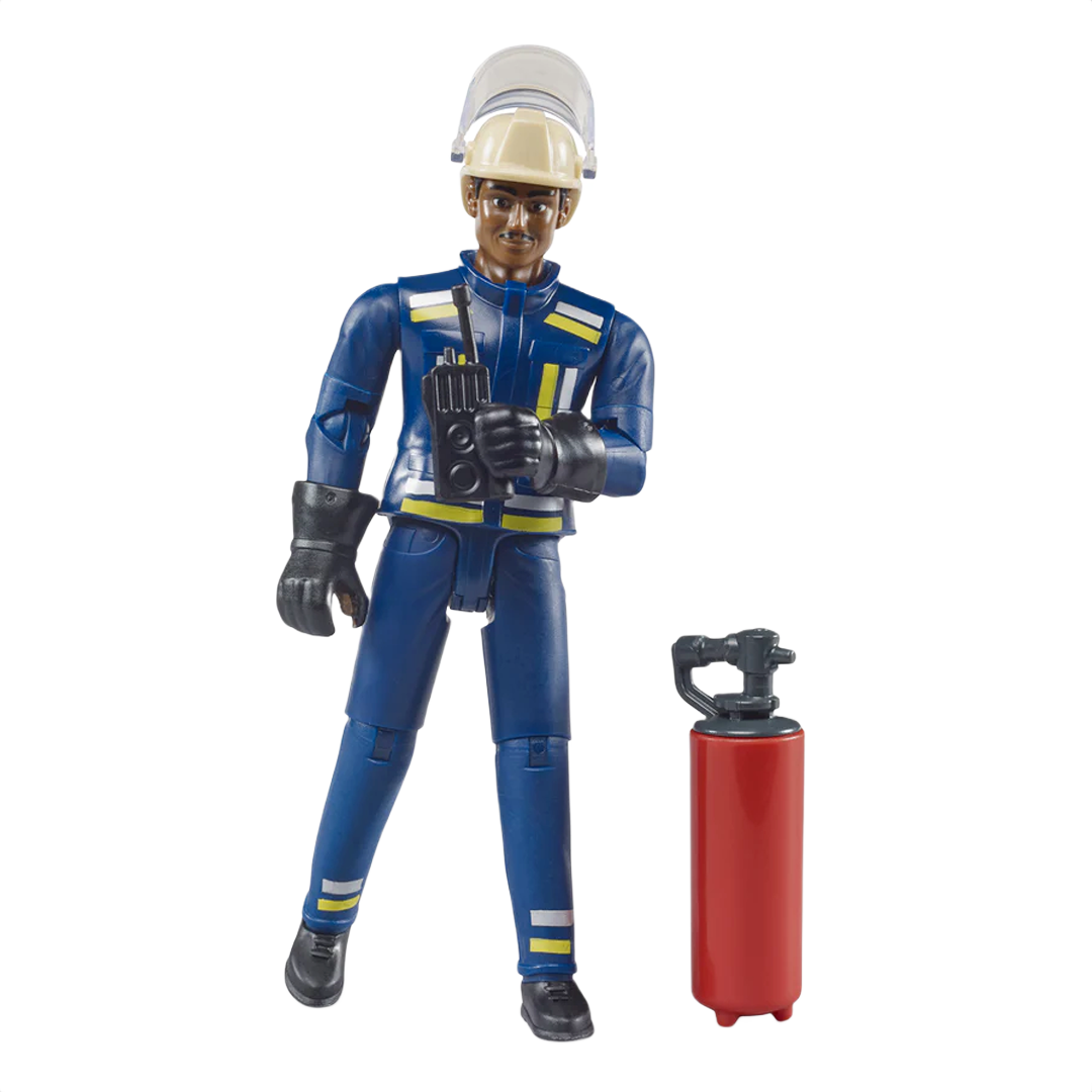 Firefighter action figure in blue gear with helmet and fire extinguisher for toys and games collection