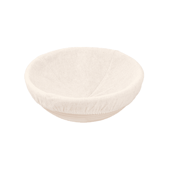 Round natural fiber bread proofing basket with cloth liner for artisan bread dough rising in kitchenware collection