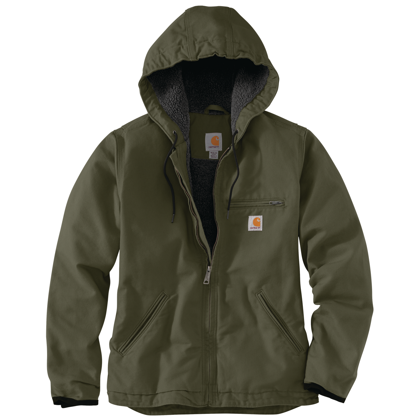 Women's loose fit olive green washed duck jacket with sherpa lining, hood, and zippered chest pocket in outerwear collection