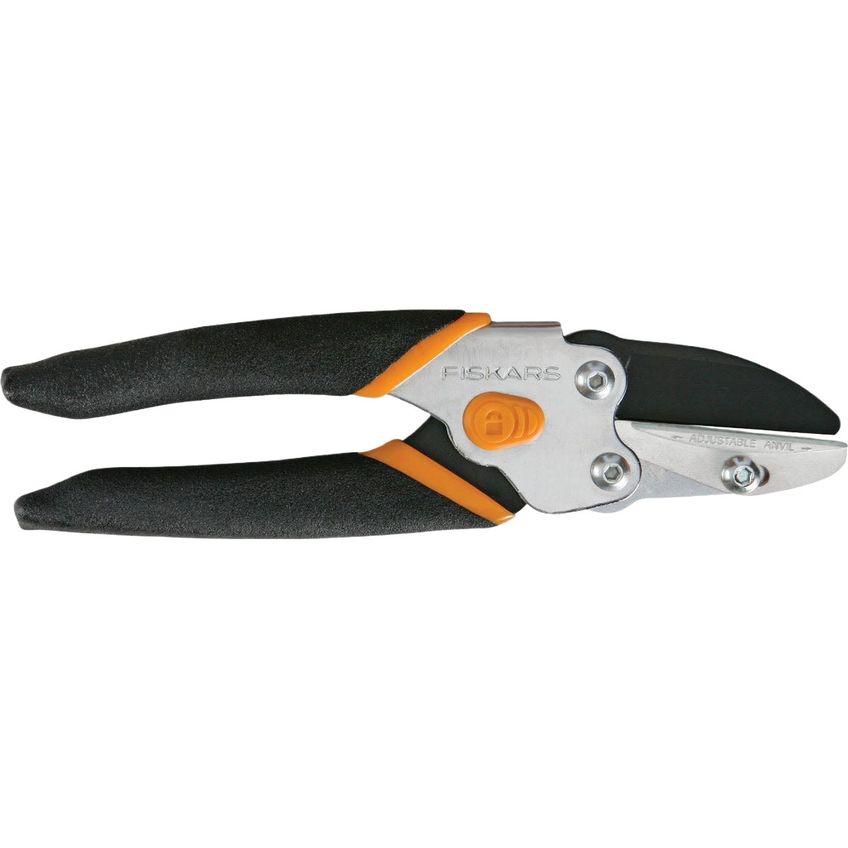 Hand pruner with ergonomic black and orange handles and precision metal blades for home improvement and gardening tasks