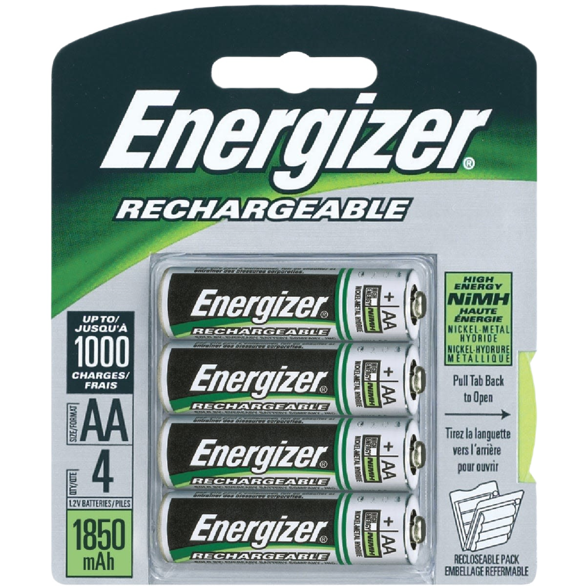 Pack of four Energizer rechargeable AA batteries with 1850 mAh capacity for tools and home improvement use