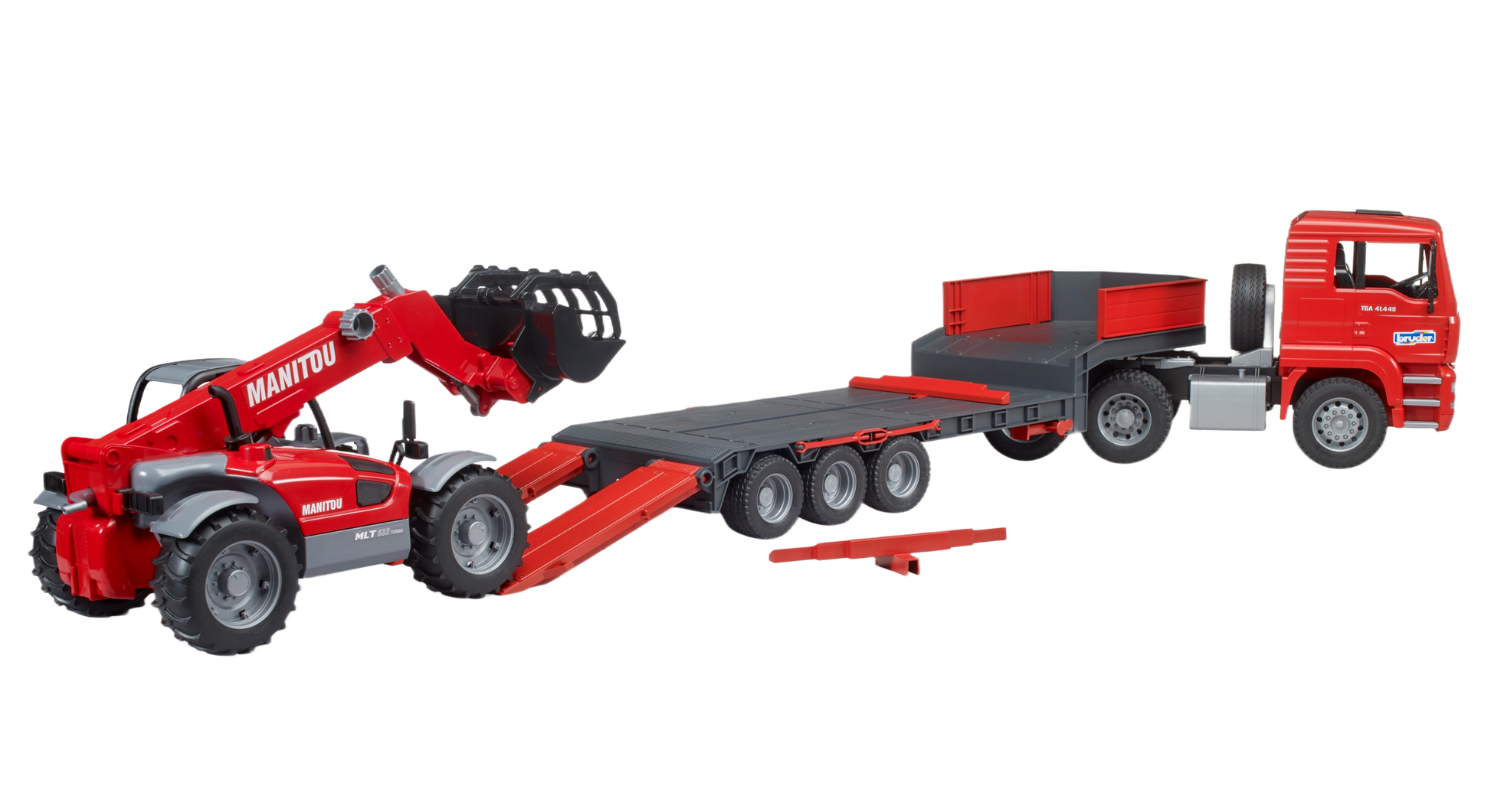 Red MAN TGA loader truck with detachable lowboy trailer transporting a compact red Manitou loader toy model