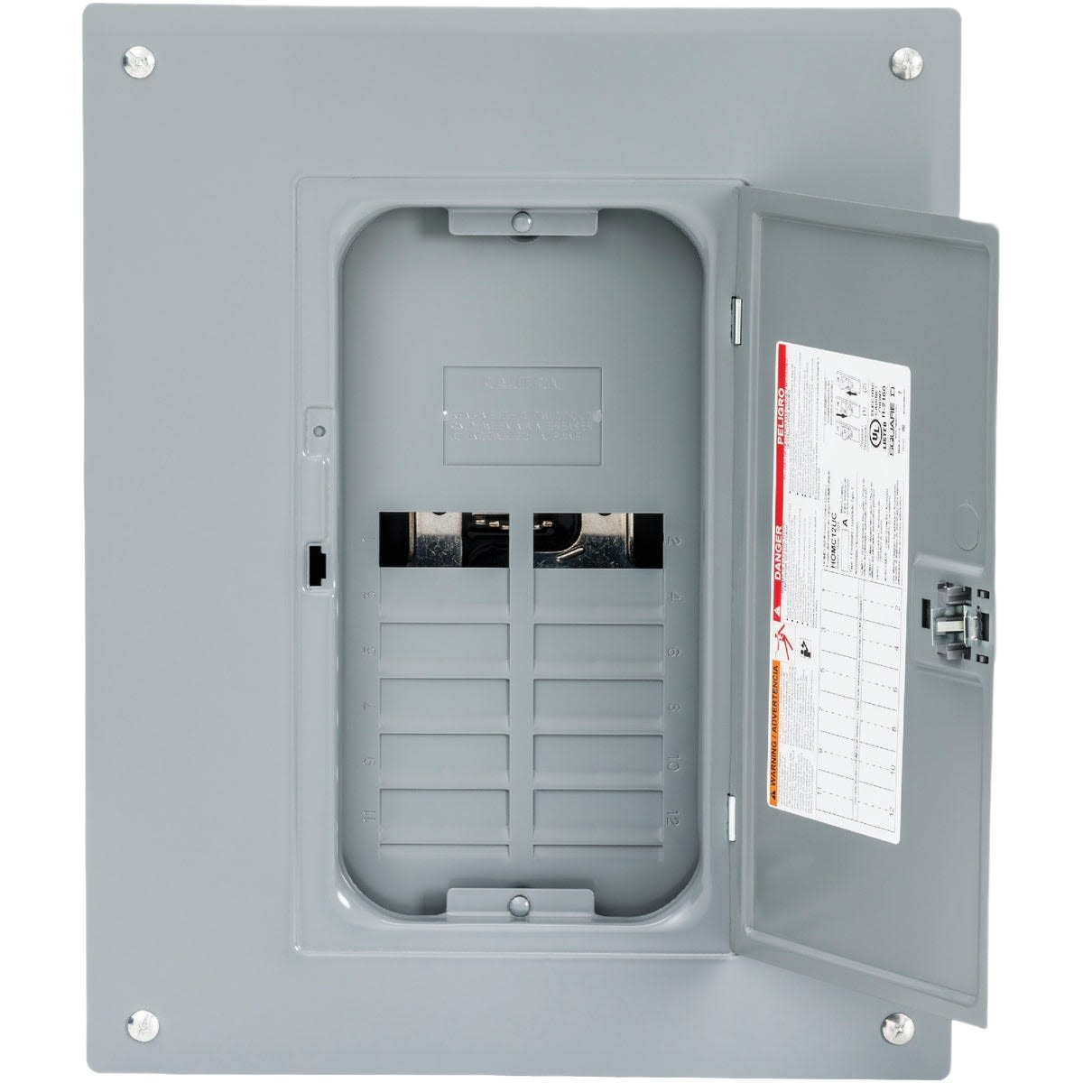 Gray indoor electrical load center with open door showing circuit spaces for breakers in electrical and breakers collections