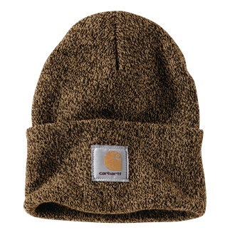 Brown thick acrylic rib-knit cuffed beanie with a stitched square logo patch, a warm and durable accessory from Clothing & Shoes, Accessories, and Scarves & Hats collections.