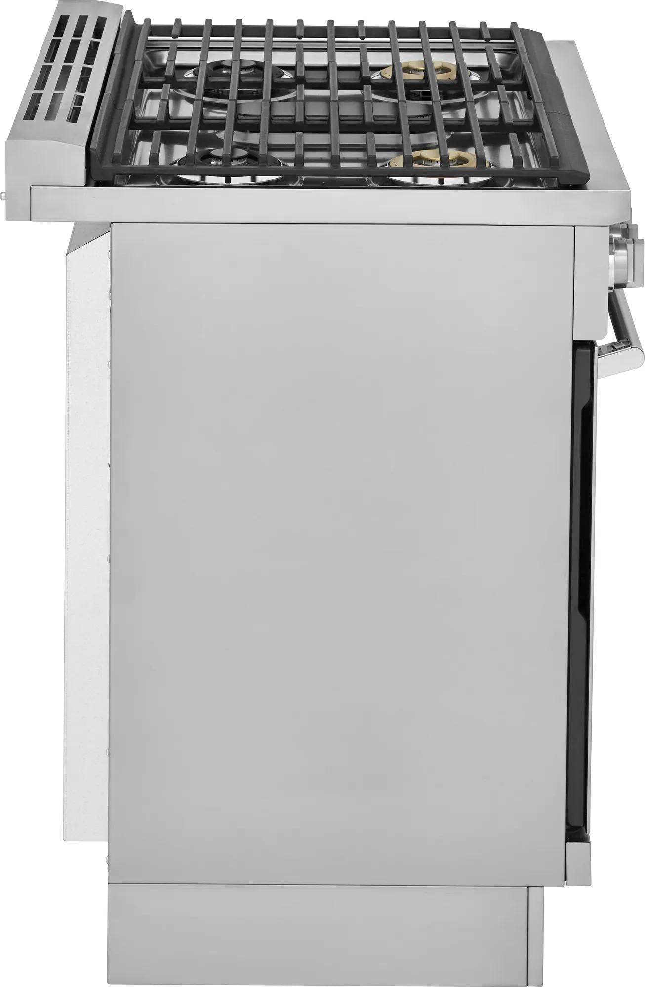 Side view of stainless steel 30-inch dual-fuel range with cast iron grates in kitchen appliance collection