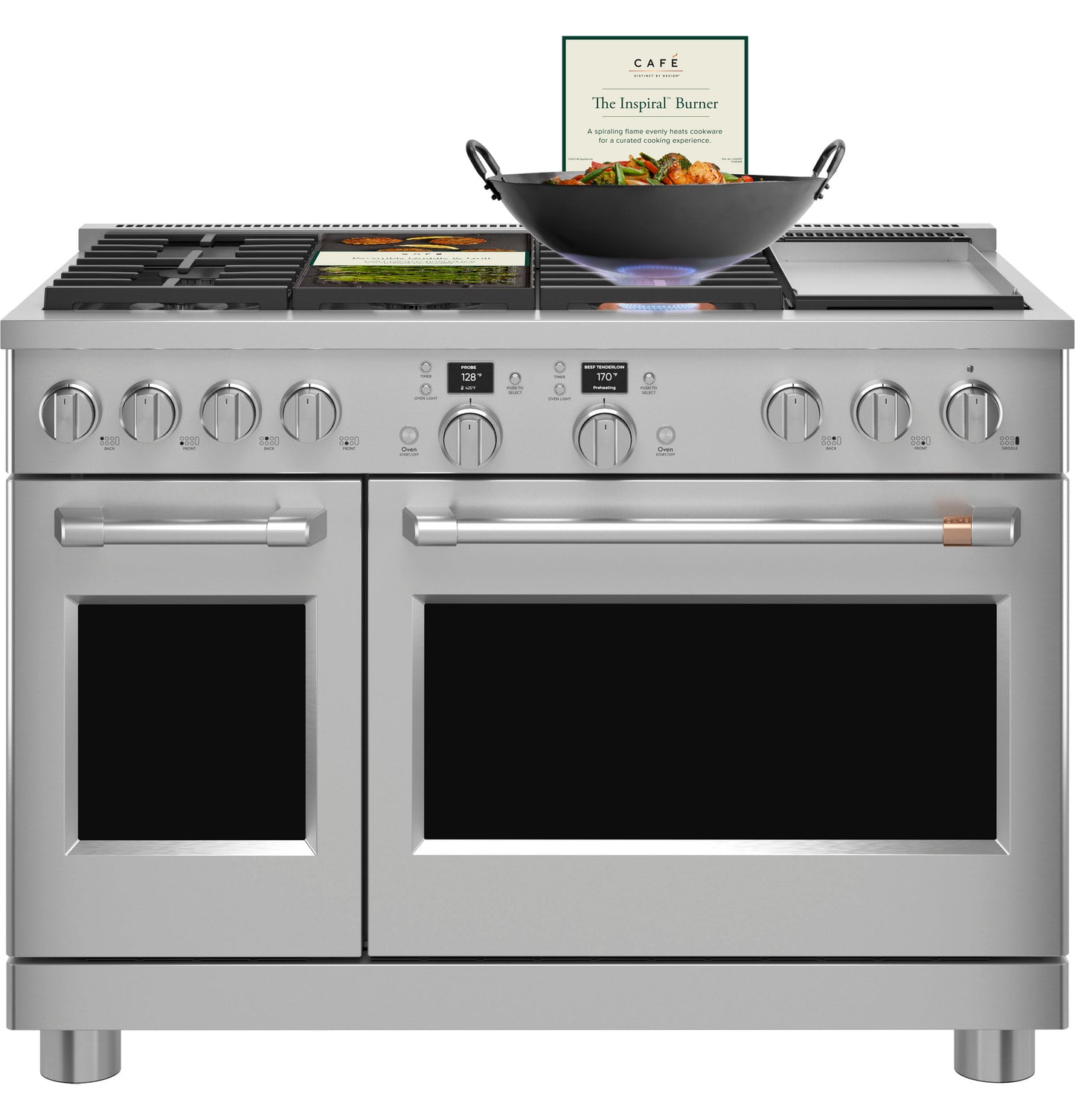 Front view of stainless steel dual-fuel commercial-style range with six burners, griddle, and two ovens in kitchen appliances collection