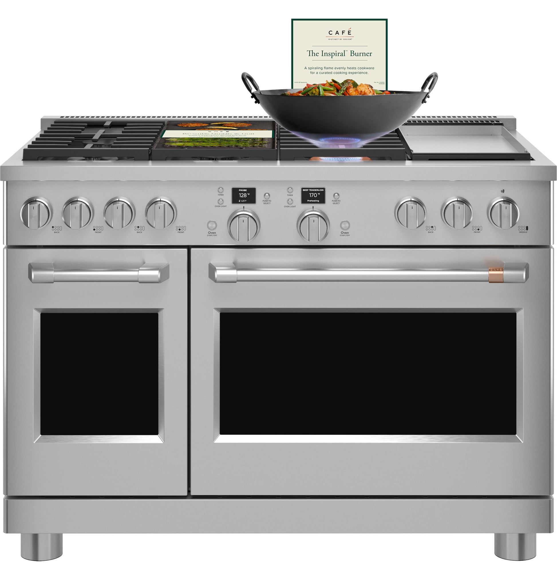 Front view of stainless steel dual-fuel commercial-style range with six burners, griddle, and two ovens in kitchen appliances collection