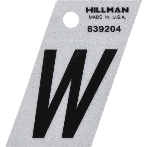Black reflective mylar angle-cut letter W sticker on white backing with hole for hanging in tools and home improvement use