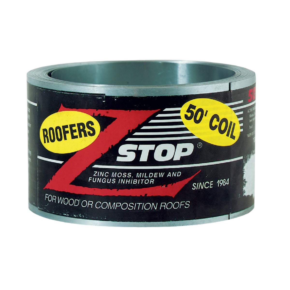 Roll of Z-Stop roofing material designed to inhibit moss and mildew, ideal for wood and composition roofs in roofing care.