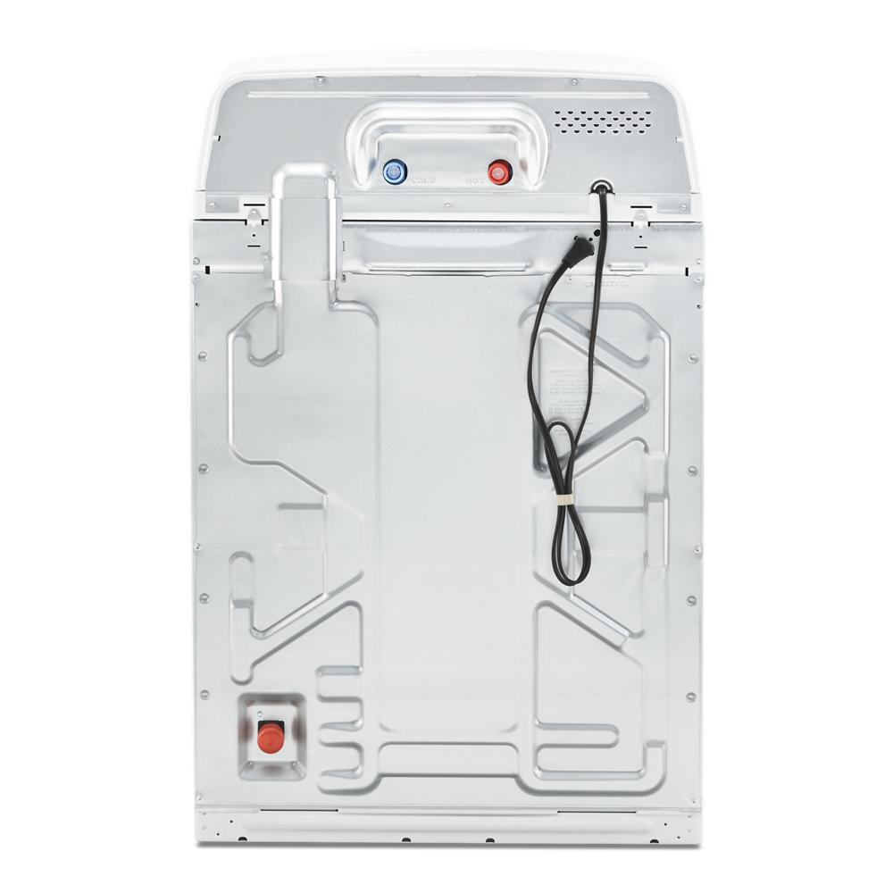Back view of silver large capacity top load washer showing water connections and power cord attachment for home laundry setup