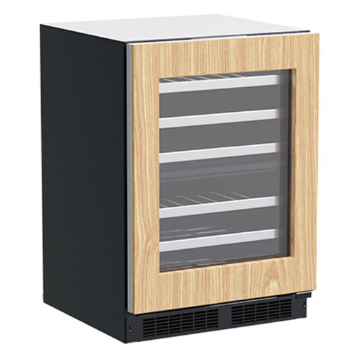 Built-in dual zone wine refrigerator with wood frame door and black cabinet in kitchen appliances collection