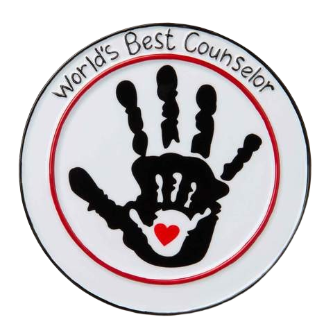 Circular ornament with black layered handprints and red heart, inscribed World's Best Counselor for Christmas decor collection