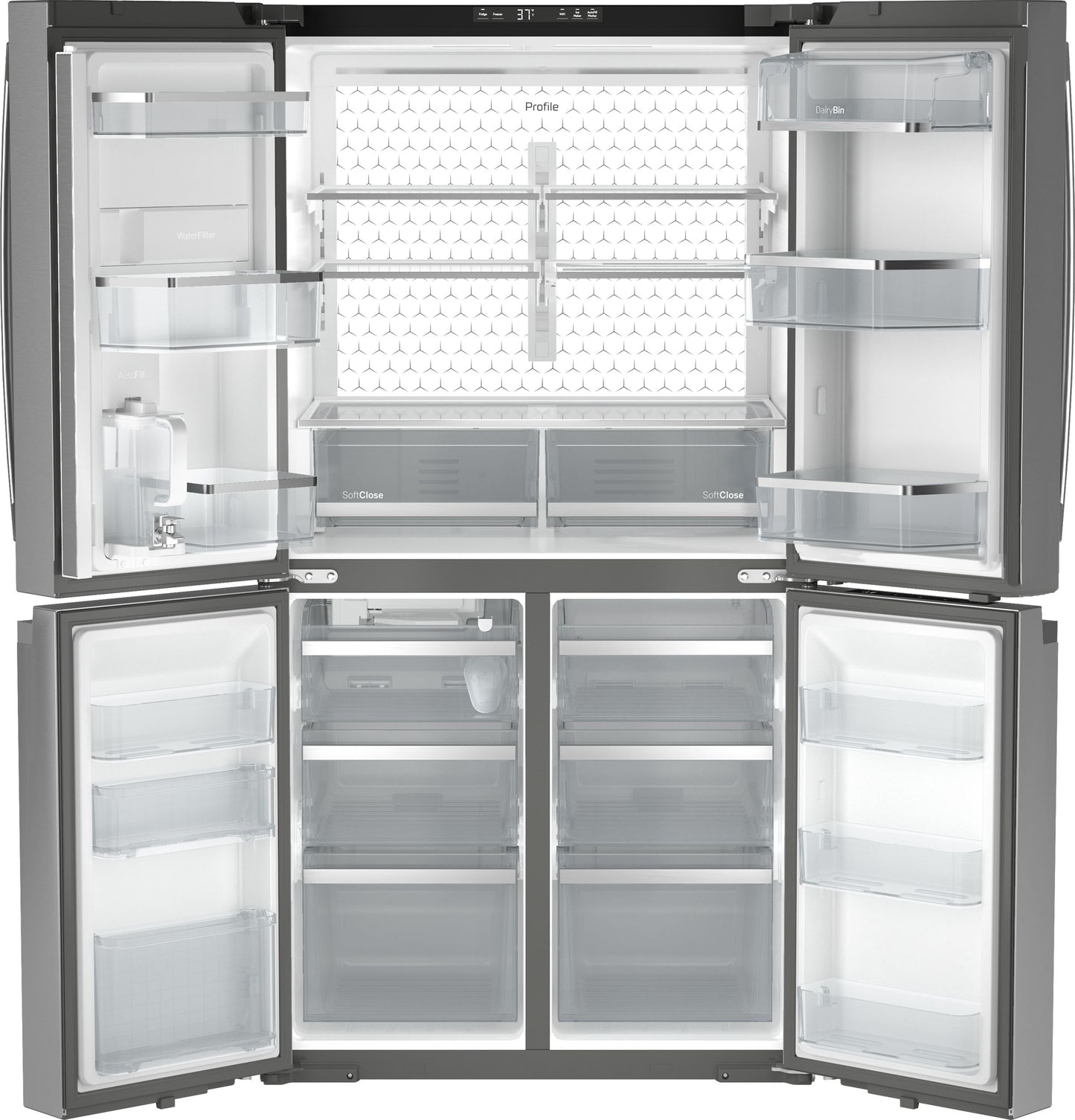 Energy Star certified quad-door refrigerator with spacious interior and clear adjustable shelves in kitchen appliances collection