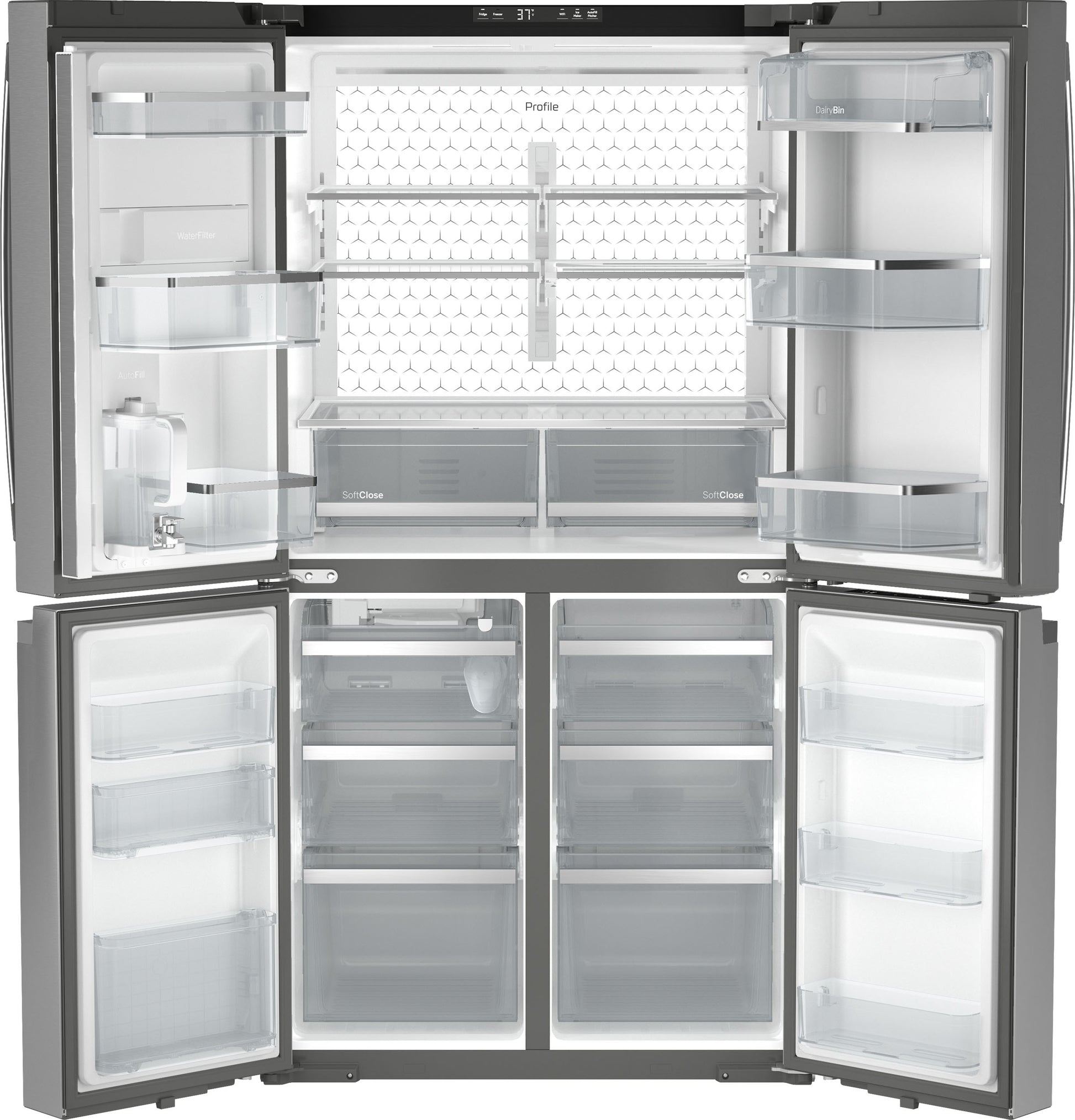 Energy Star certified quad-door refrigerator with spacious interior and clear adjustable shelves in kitchen appliances collection