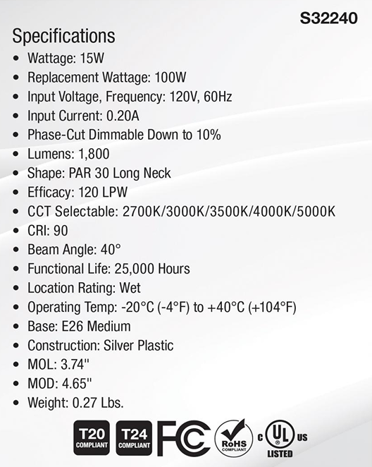 Specifications label showing 15W LED bulb with 1800 lumens, dimmable, 2700K-5000K color options, and wet location rating.