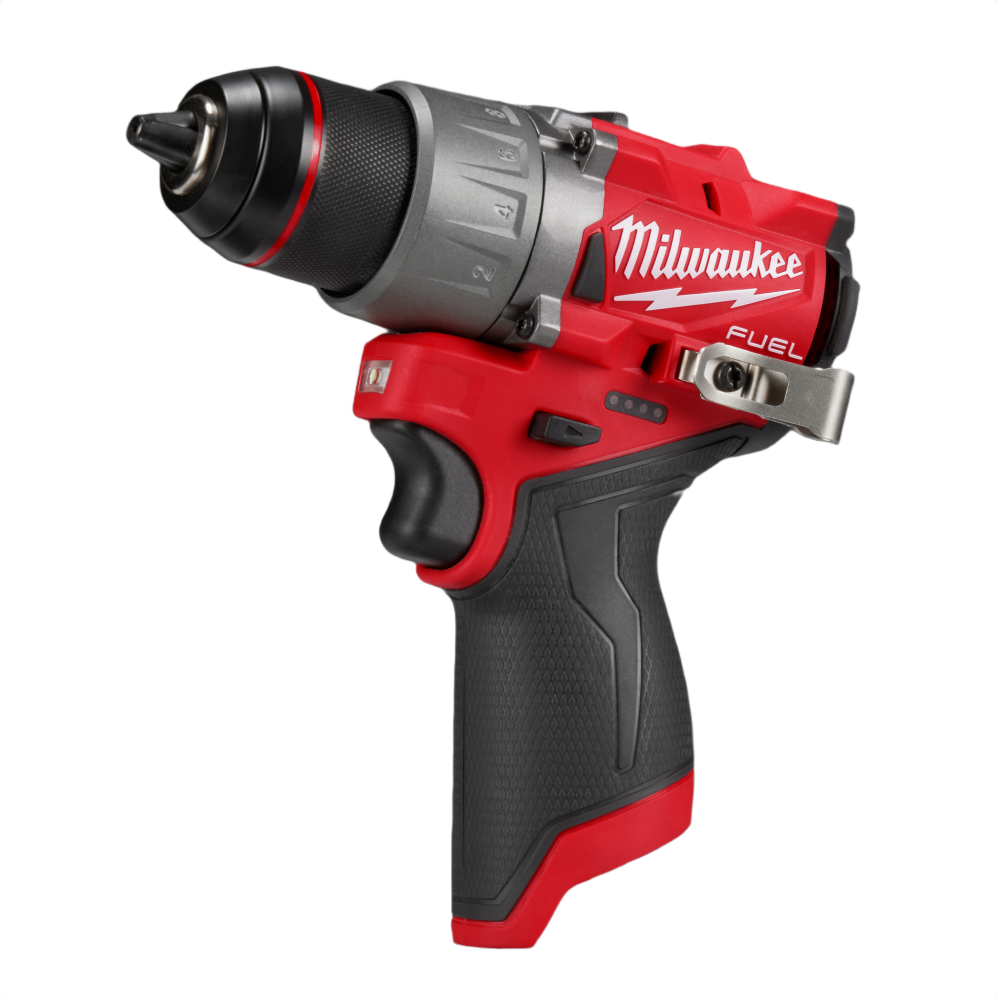Compact red and black cordless drill driver with textured grip and adjustable clutch for home improvement tasks