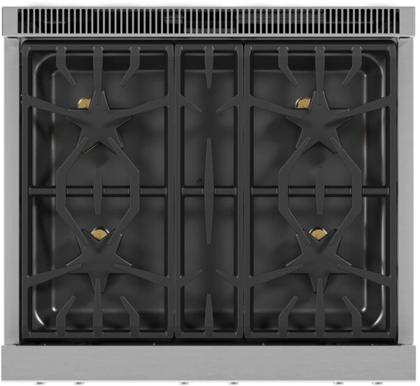 Top view of stainless steel professional dual fuel cooking range with patented Star® burner grates for home improvement.