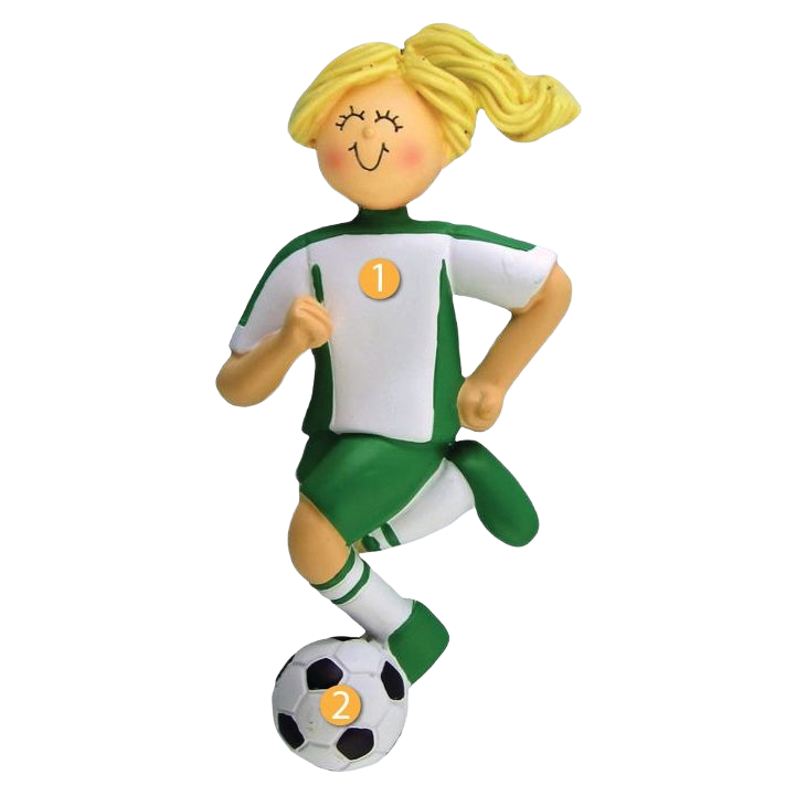 Blonde female soccer player ornament in green and white uniform with smiling face for Christmas Ornaments collection