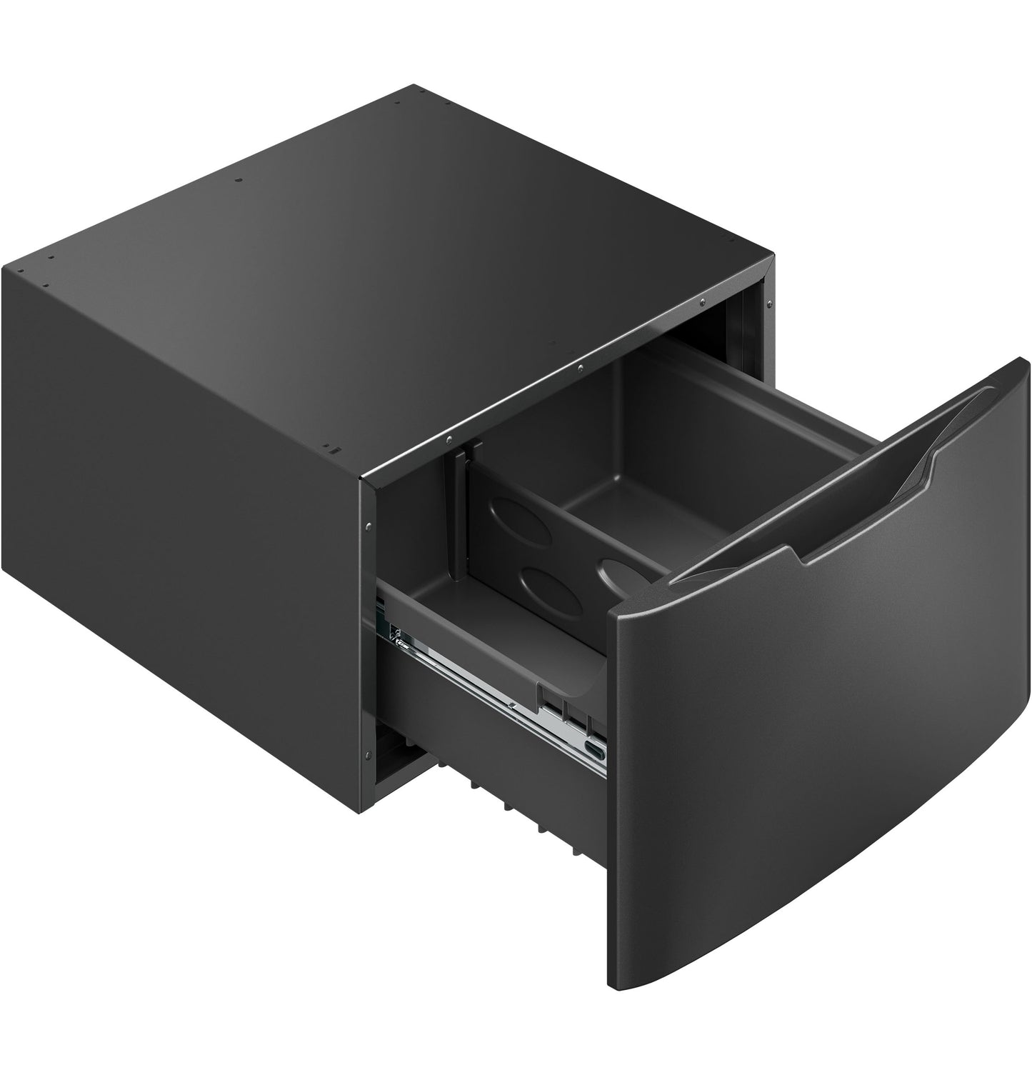 Black laundry pedestal with open storage drawer, part of appliance parts and accessories for home improvement