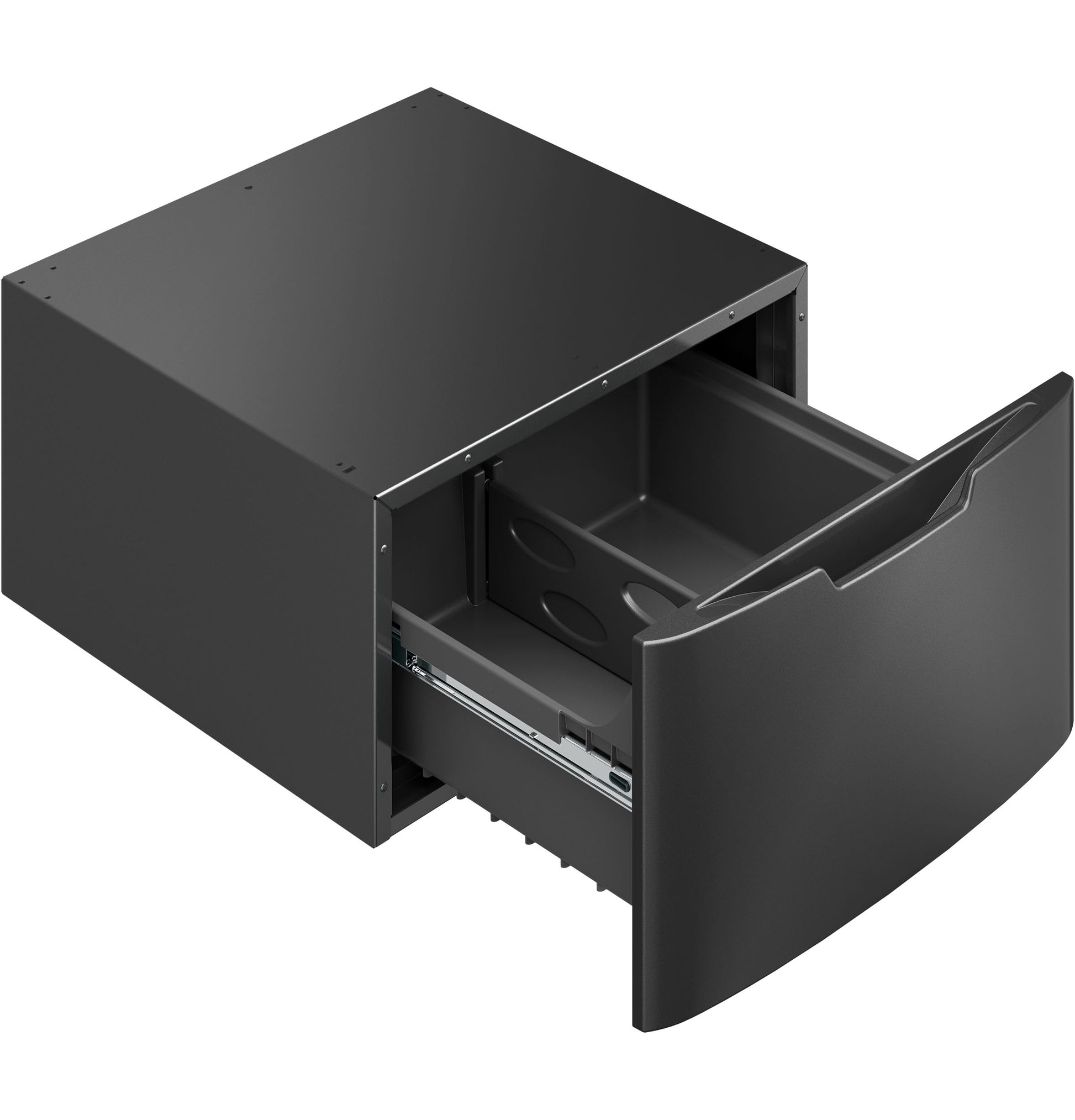 Black laundry pedestal with open storage drawer, part of appliance parts and accessories for home improvement