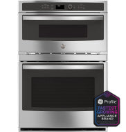 Front view of stainless steel built-in combination convection microwave and convection wall oven in kitchen appliances setting