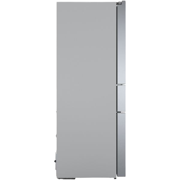 Stainless steel refrigerator with clean lines and modern French door design in kitchen appliances collection