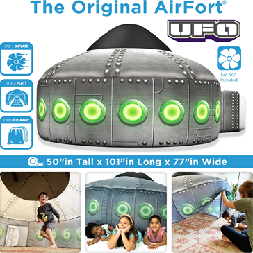 Gray and green inflatable spaceship tent with circular windows for pretend play in toys and games collection under $100