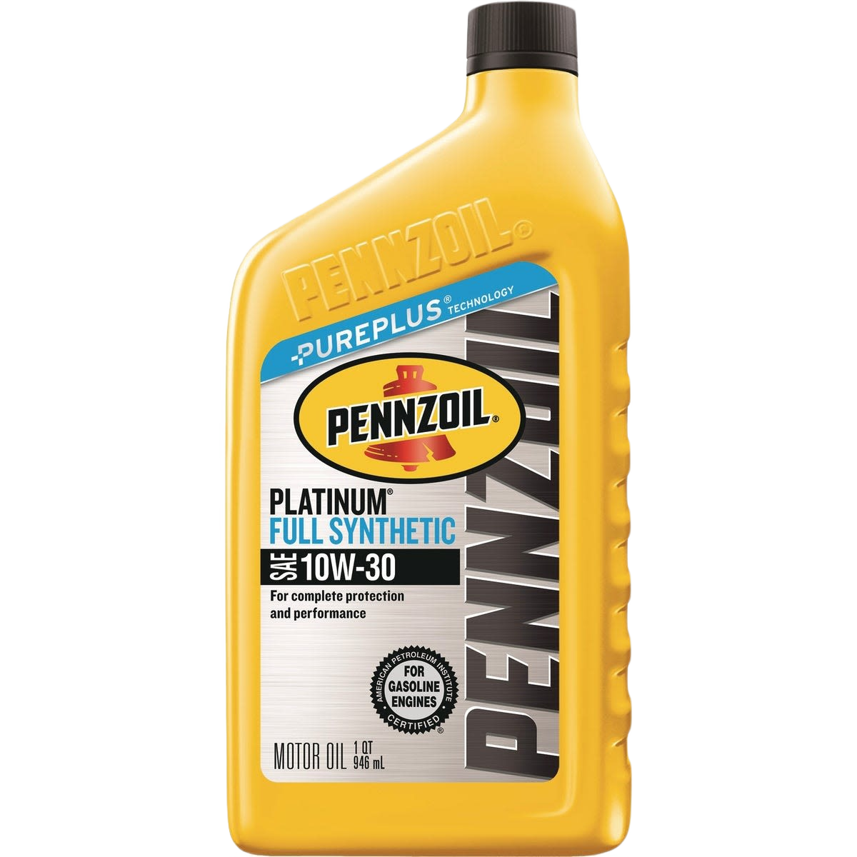 Yellow 1-quart container of Pennzoil synthetic motor oil 10W-30 for automotive fluids and lubricants supplies