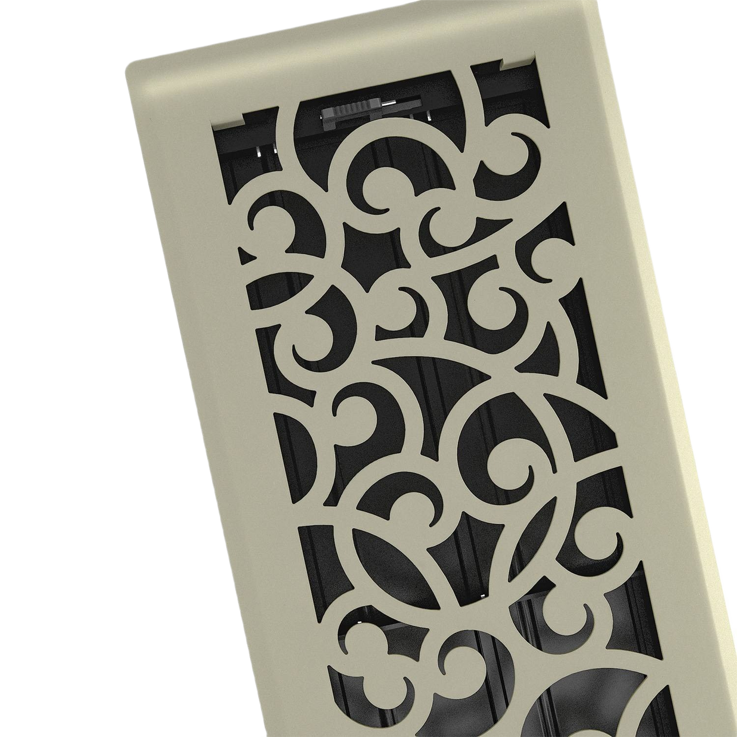 Satin nickel floor register with ornate scroll pattern for home improvement and ventilation projects