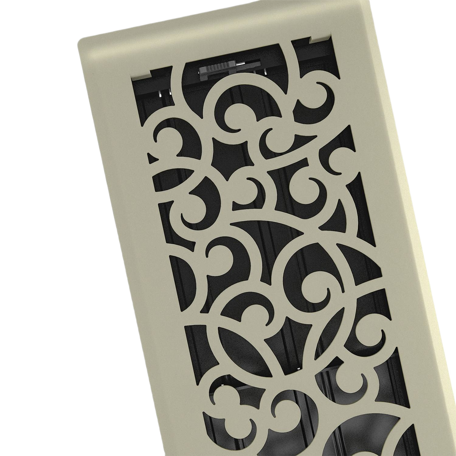 Satin nickel floor register with ornate scroll pattern for home improvement and ventilation projects