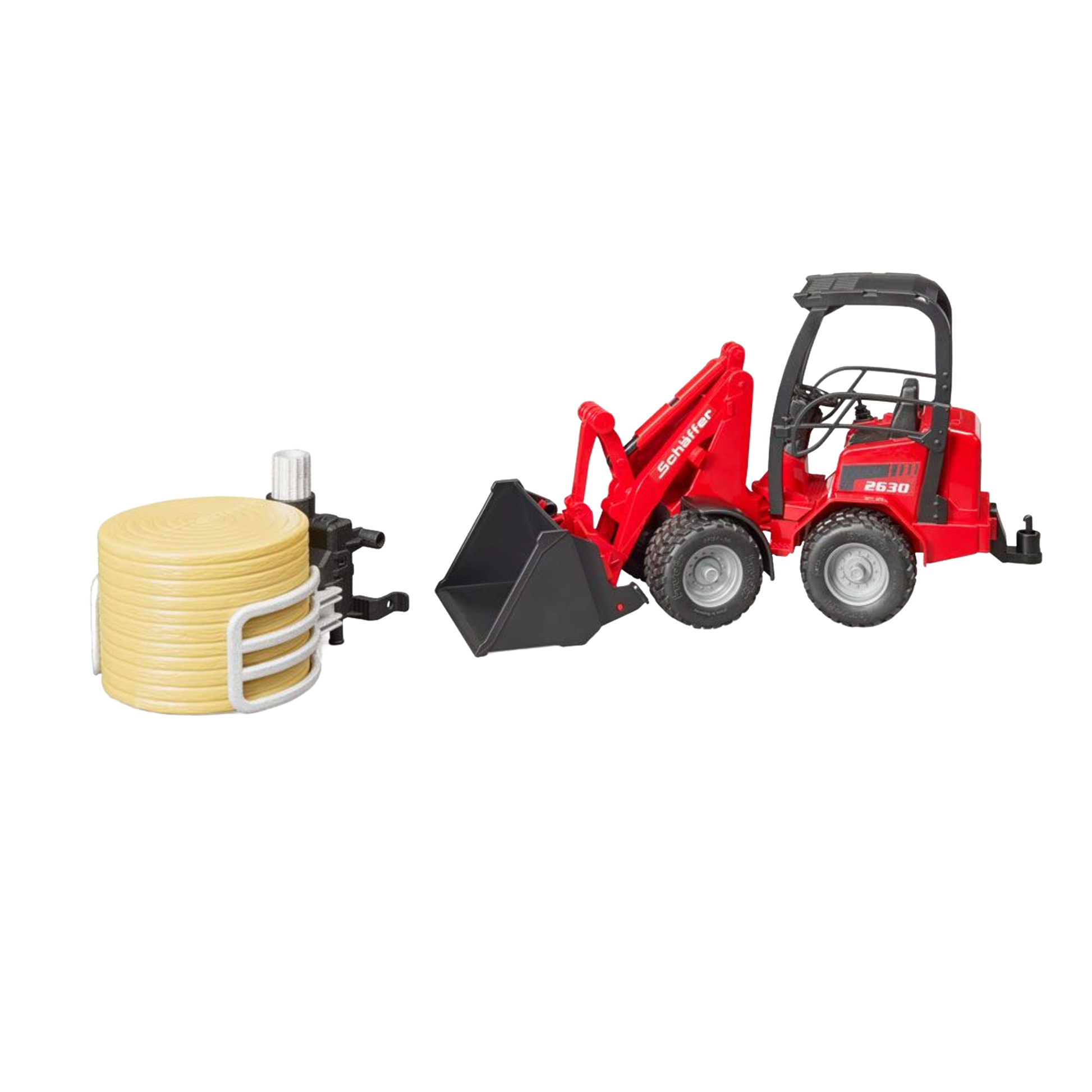 Red Schaeffer compact loader toy with bale gripper and round bale in Vehicles & Remote Controlled Toys collection