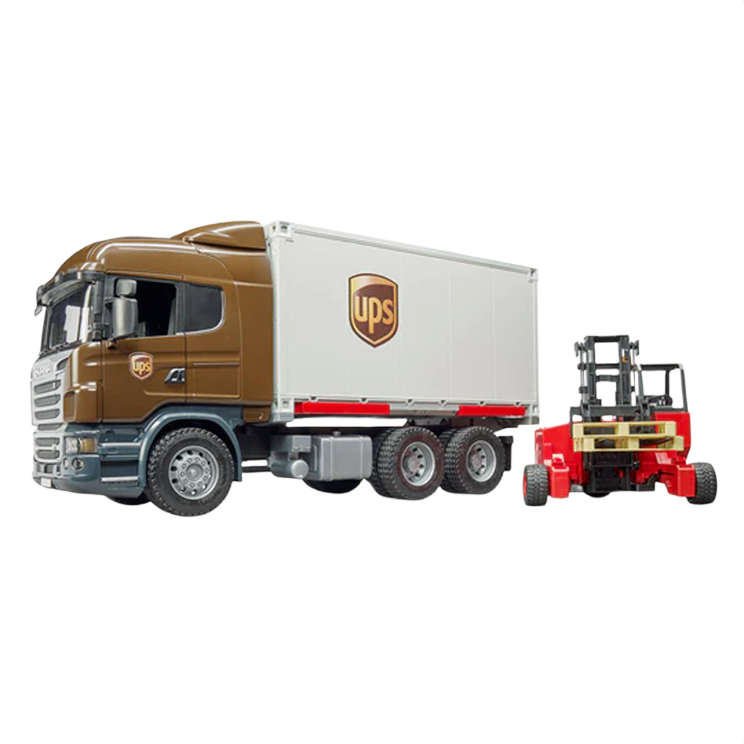 Detailed brown and white UPS logistics toy truck with forklift, part of Bruder Toys and Vehicles collections for children’s play