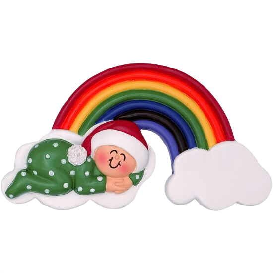 Sleeping baby in green pajamas and Santa hat resting on cloud beside vibrant rainbow for Christmas tree decorations under $50