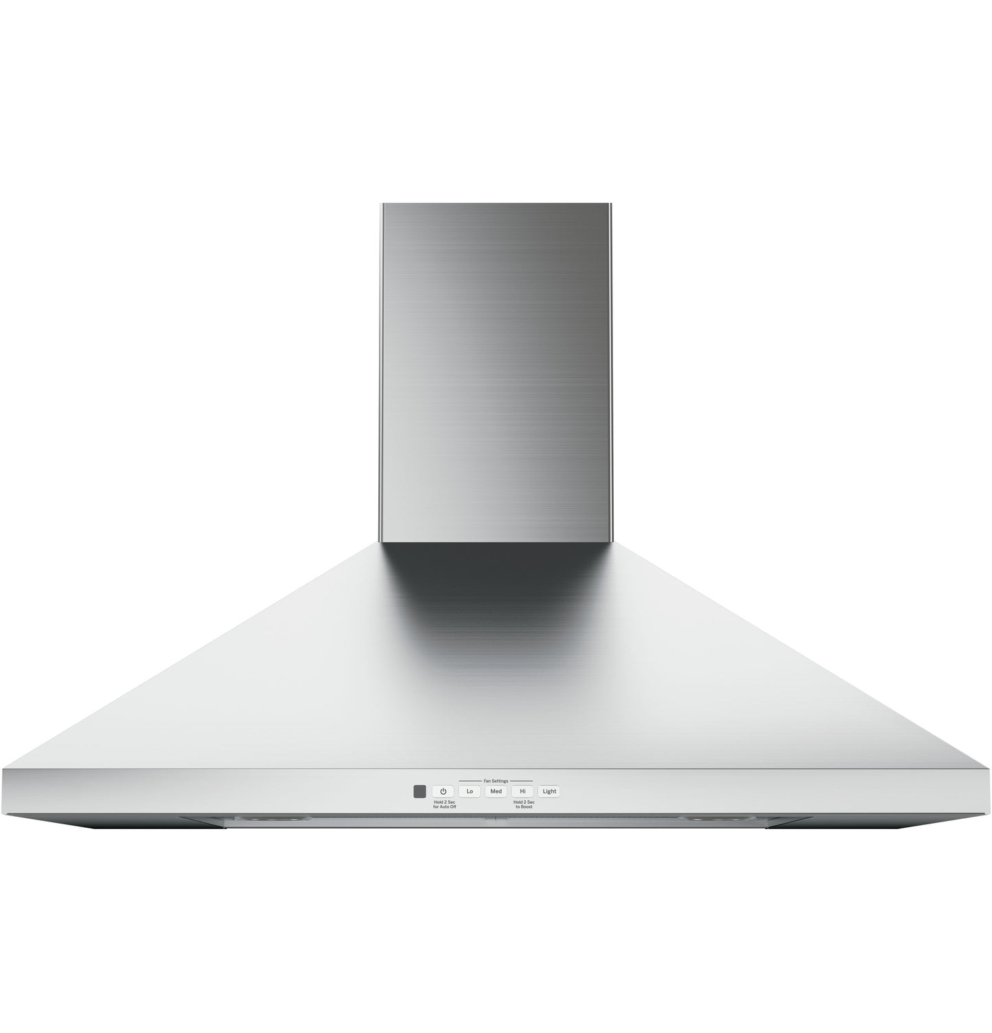 Stainless steel wall-mounted pyramid chimney hood with sleek controls in kitchen range hoods and appliances collection