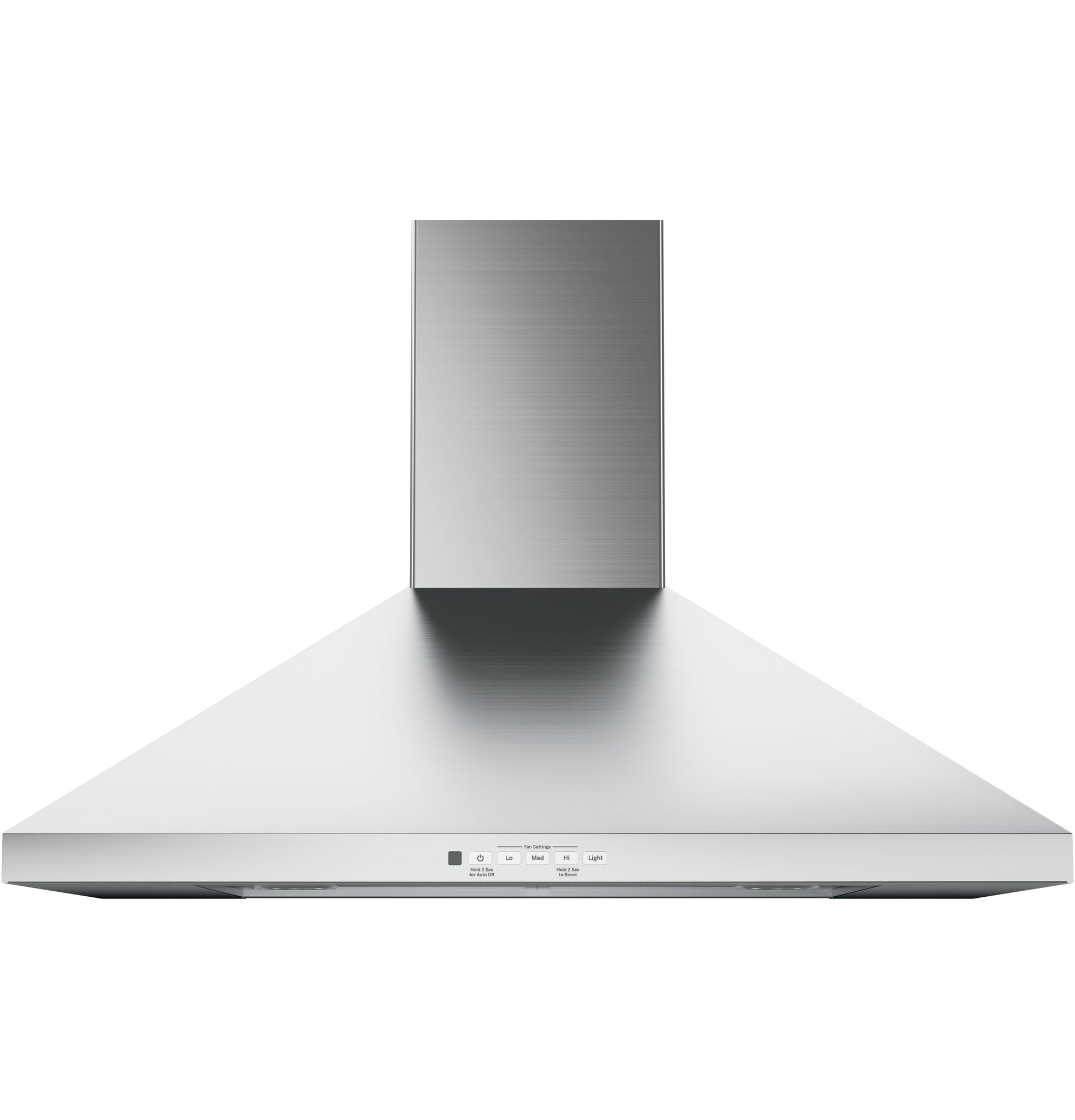 Stainless steel wall-mounted pyramid chimney hood with sleek controls in kitchen range hoods and appliances collection