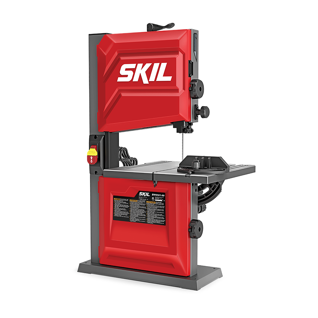 Red and black 2-speed benchtop band saw with adjustable table and safety switch for home improvement projects