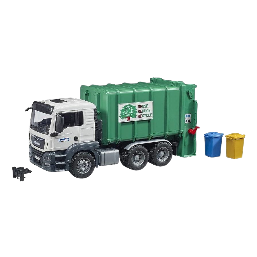 Green rear-loading toy garbage truck with recycling bins, part of Bruder Toys in Vehicles & Remote Controlled Toys collection