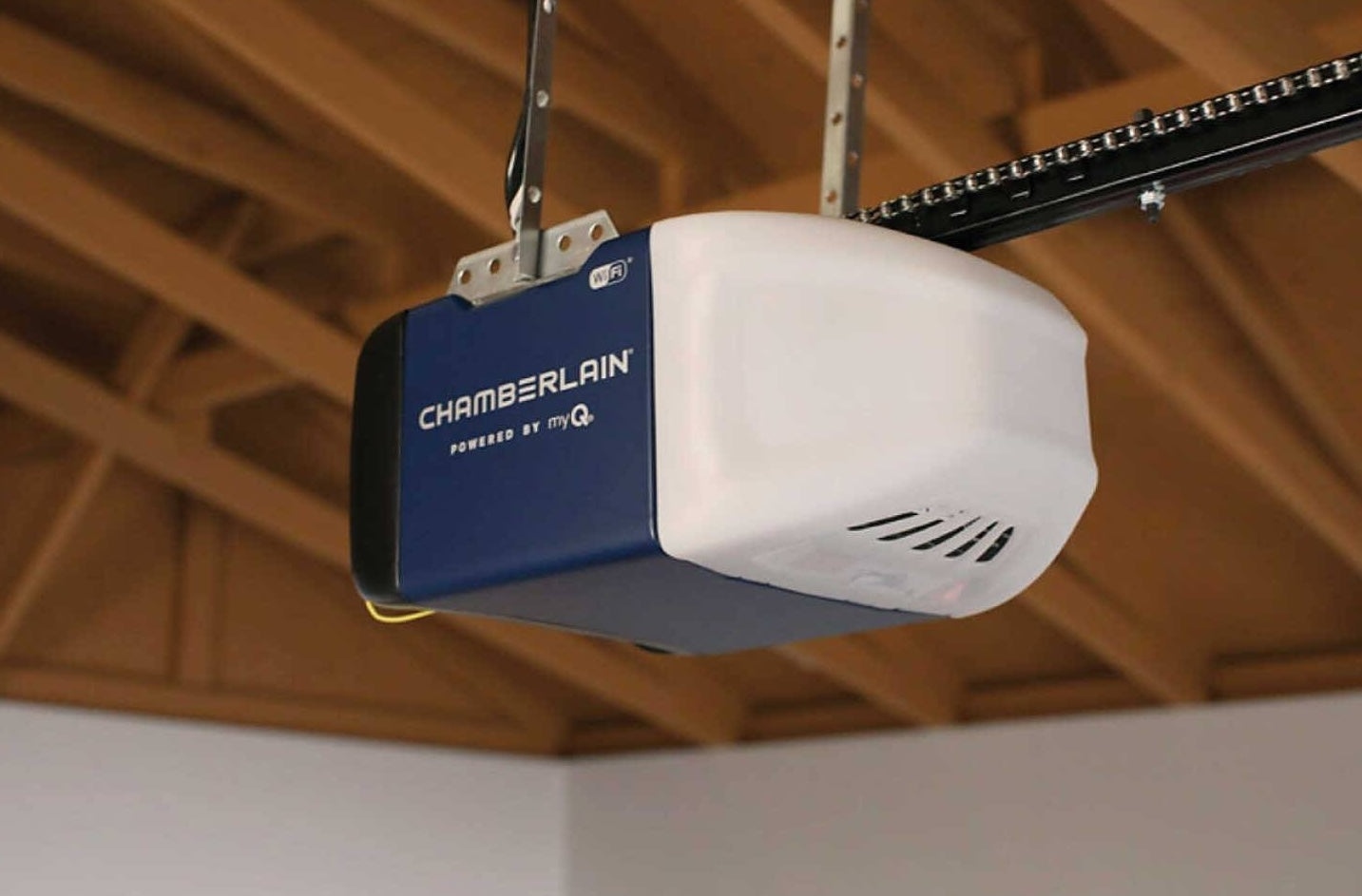 Ceiling-mounted chain drive smart garage door opener with Wi-Fi connectivity for tools and home improvement use