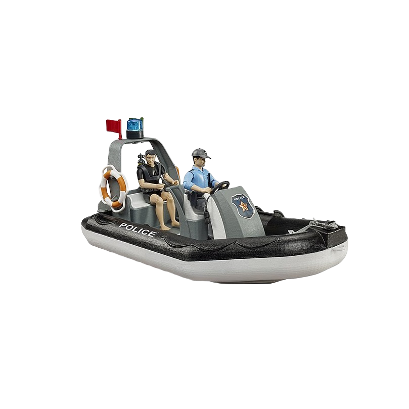 Black and white police boat model with two officers and rotating beacon light for role play and display